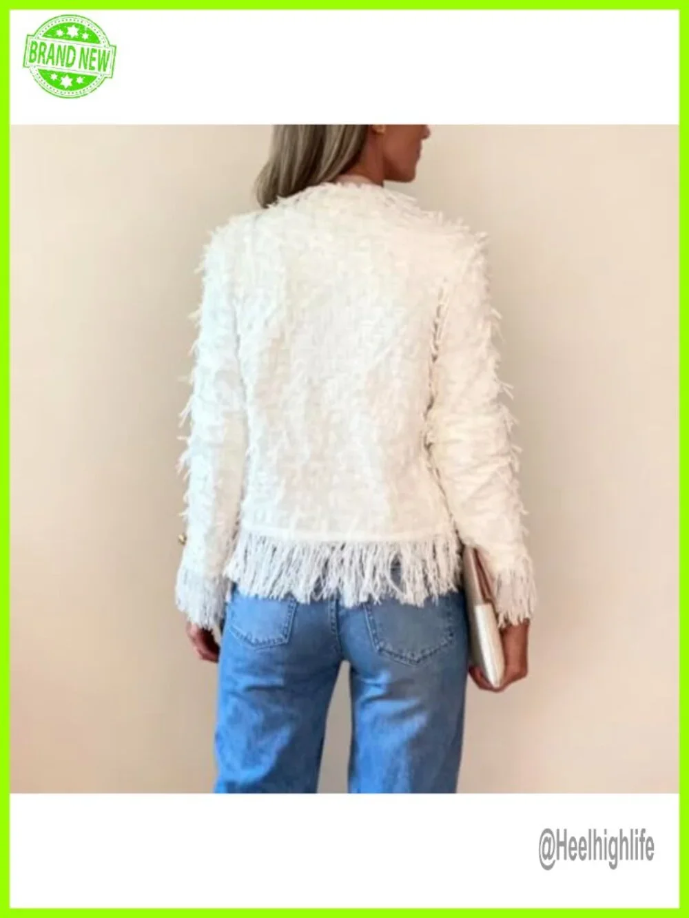 Fringe Cropped Blazer Jacket Tweed Cable Knit Open Front Lightweight Suit